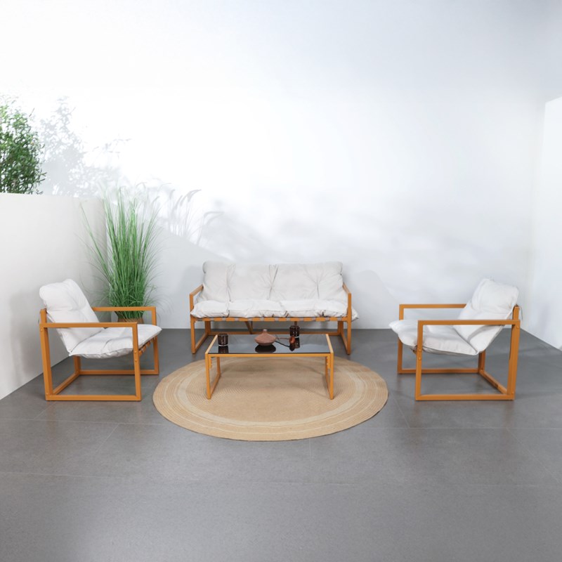 Rabat salon de jardin 5 places contemporain marron et coussins beiges