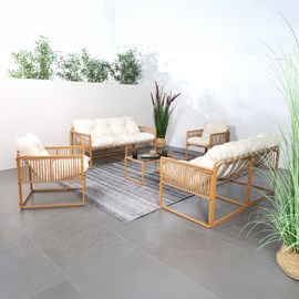 Turini salon de jardin 8 places effet rotin coussins blancs