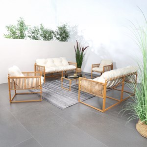 Turini salon de jardin 8 places effet rotin coussins blancs