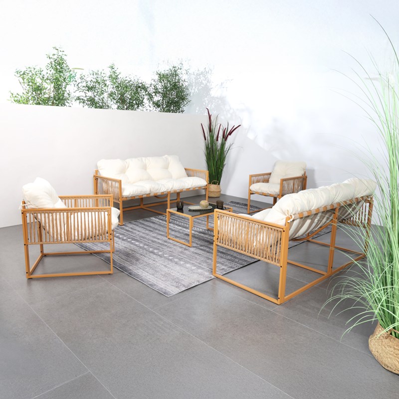 Turini salon de jardin 8 places effet rotin coussins blancs