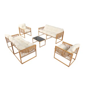 Turini salon de jardin 8 places effet rotin coussins blancs