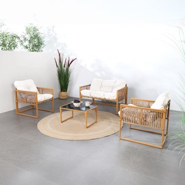 Turini salon de jardin 4 places effet rotin coussins blancs