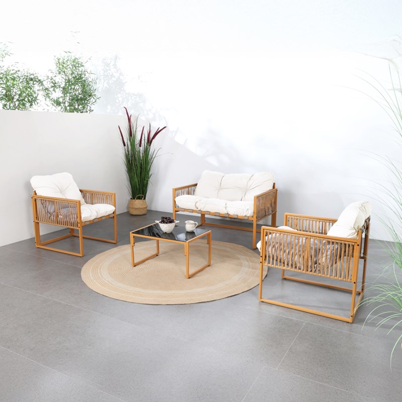 Turini salon de jardin 4 places effet rotin coussins blancs