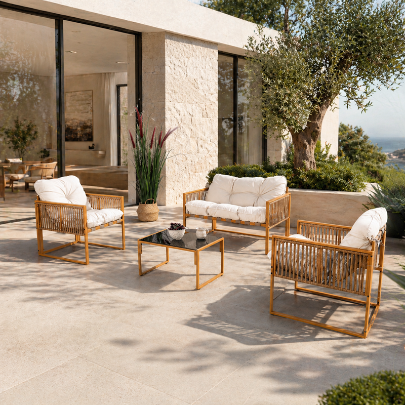 Turini salon de jardin 4 places effet rotin coussins blancs