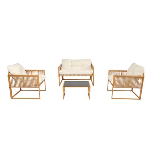 Turini salon de jardin 4 places effet rotin coussins blancs