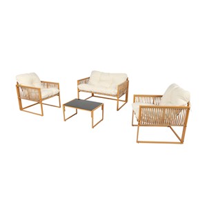 Turini salon de jardin 4 places effet rotin coussins blancs