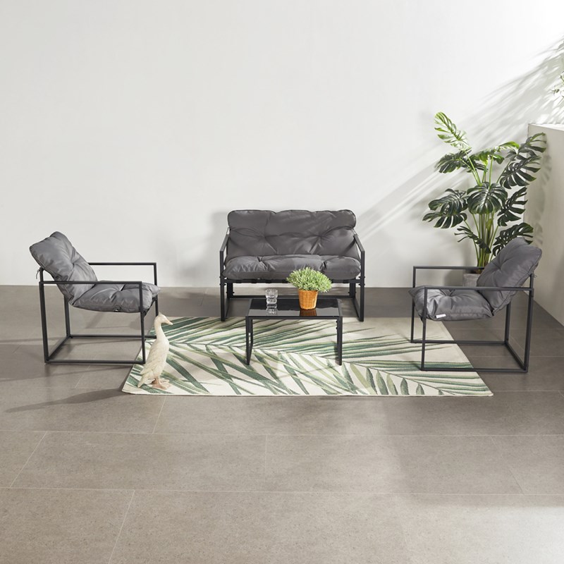 Rabat salon de jardin 4 places contemporain noir et coussins gris