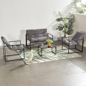 Rabat salon de jardin 4 places contemporain noir et coussins gris