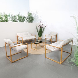 Rabat salon de jardin 6 places contemporain marron et coussins beiges