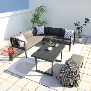 Marbella salon de jardin panoramique 8 places en résine tressée noir et gris