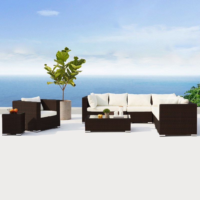 Salento salon de jardin panoramique 8 places en résine tressée marron et blanc