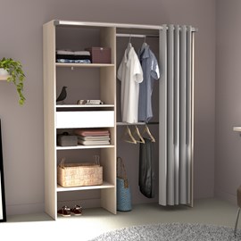 Bali dressing avec rideau, 4 étagères, 2 penderies et un tiroir bois et blanc