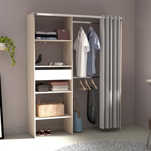 Bali dressing avec rideau, 4 étagères, 2 penderies et un tiroir bois et blanc