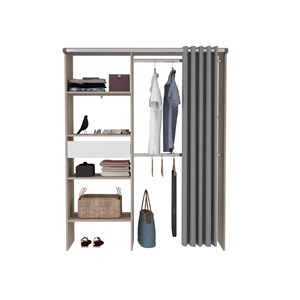 Bali dressing avec rideau, 4 étagères, 2 penderies et un tiroir bois et blanc