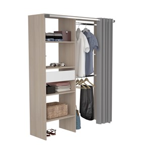 Bali dressing avec rideau, 4 étagères, 2 penderies et un tiroir bois et blanc