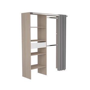 Bali dressing avec rideau, 4 étagères, 2 penderies et un tiroir bois et blanc