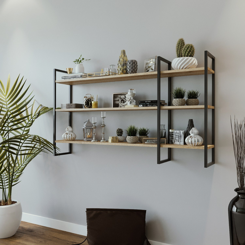 Vitro étagère murale design en métal - 3 rangements - bois et noir