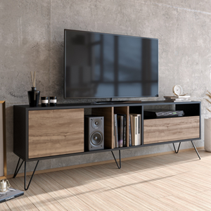 Baylee meuble tv industriel bois et noir avec rangement 180 cm