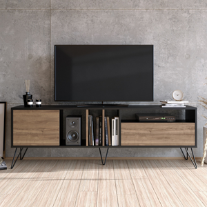 Baylee meuble tv industriel bois et noir avec rangement 180 cm