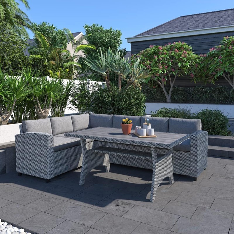 Tahaa salon de jardin d'angle 6 places en résine tressée grise avec table