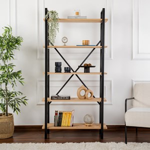 Elysian - etagère moderne 5 espaces de rangement bois et métal 180cm