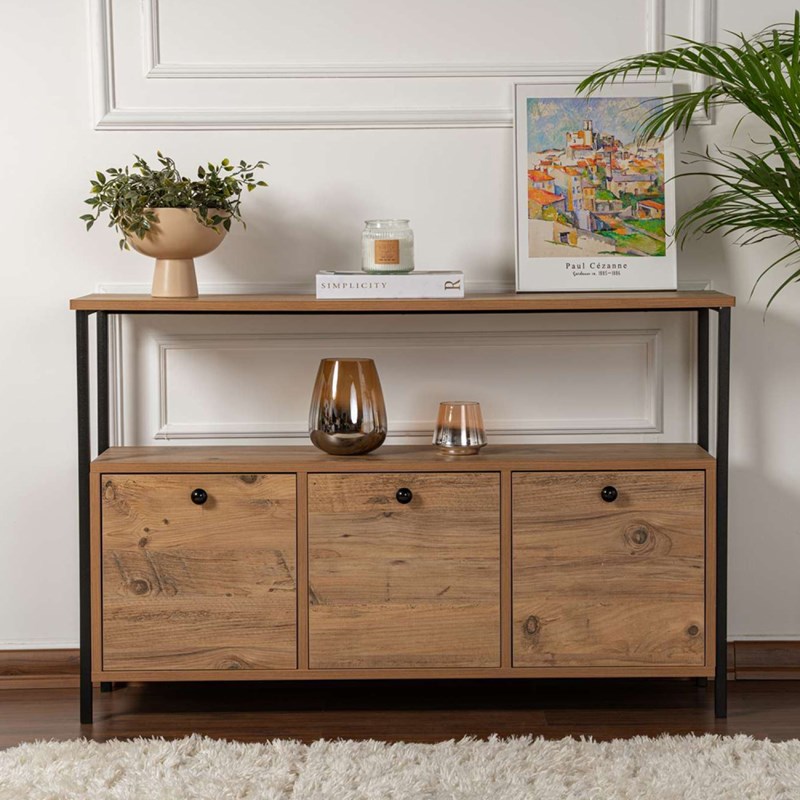 Solis console avec rangements bois et métal noir 120x77cm