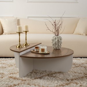 Xyn table basse ronde podium bois noyer et blanc 90cm