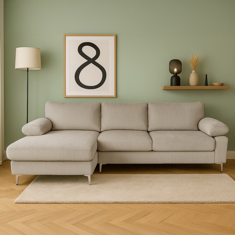 Galway canapé d'angle 4-5 places méridienne gauche velours côtelé beige