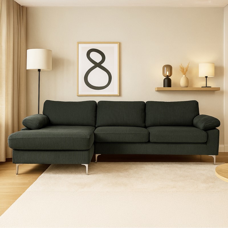 Galway canapé d'angle 4-5 places méridienne gauche velours côtelé vert