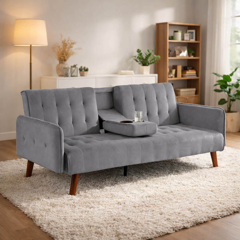 Inverness canapé 3 places convertible en velours avec tablette centrale rabattab