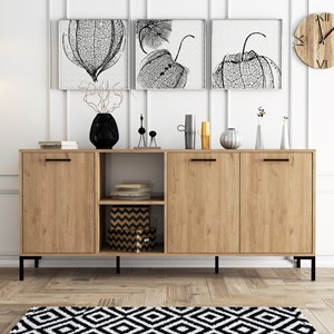 Aura - buffet 3 portes et 2 niches finition bois et métal noir 180x80cm