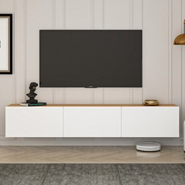 Hal meuble tv suspendu avec placards 150cm blanc et bois
