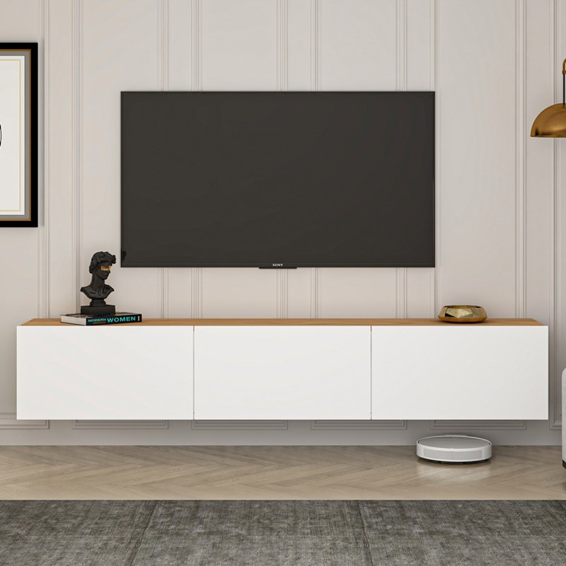 Hal meuble tv suspendu avec placards 150cm blanc et bois