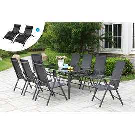 Rimini salon de jardin aluminium 8 fauteuils + duo transats noir