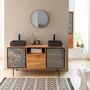 Meuble sous vasque en bois d'acacia et pierre