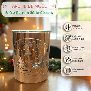 Brûle-parfum métal cuivré – motif arche de noël laser – coupelle verre 50 ml