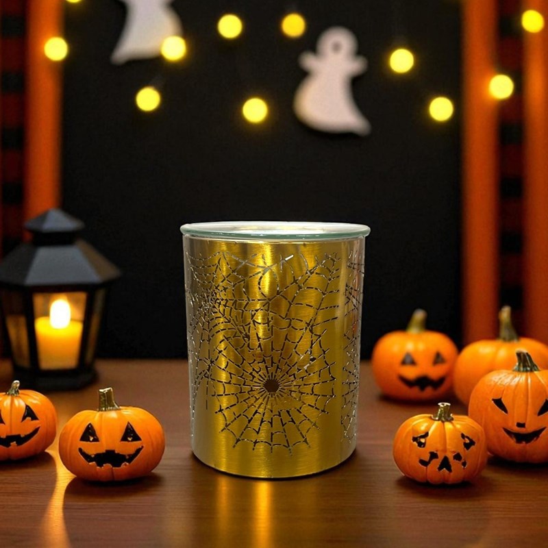 Brûle-parfum halloween métal doré – motif toile d’araignée – 50 ml