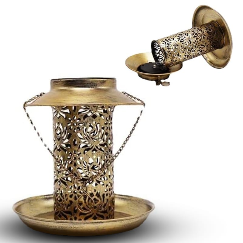 Lanterne solaire mangeoire à oiseaux fer bronze led chaude jardin