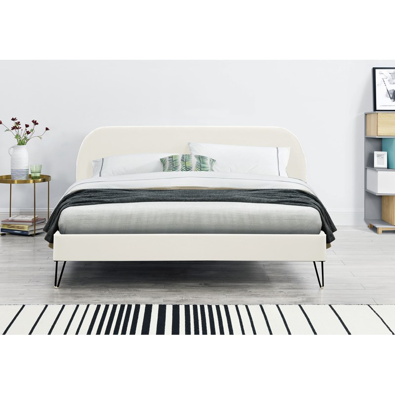 Phoenix lit 140 x 190 cm en velours beigeet pieds noirs