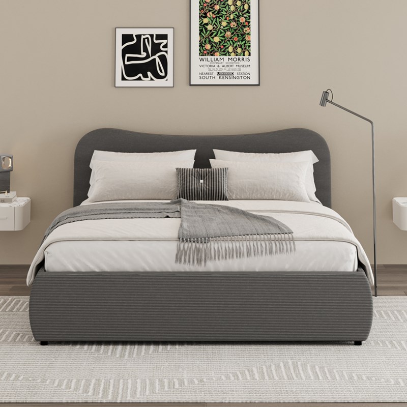 Plano lit coffre 140x190cm design arrondi velours côtelé gris