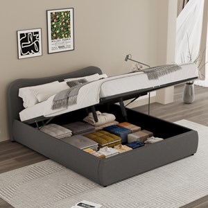 Plano lit coffre 140x190cm design arrondi velours côtelé gris