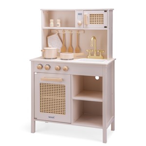 Cuisine en bois et rotin rose