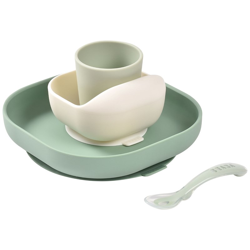 Coffret repas silicone vert sauge et vert de gris (4 pièces)