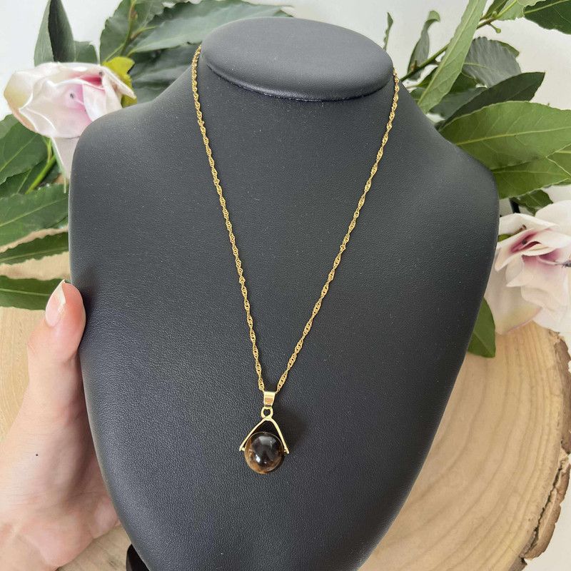Collier Pendentif Oeil De Tigre, Pierre Naturelle, Acier Inoxydable, 45cm, Neuf