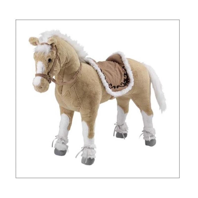 Cheval peluche à monter, beige et blanc.