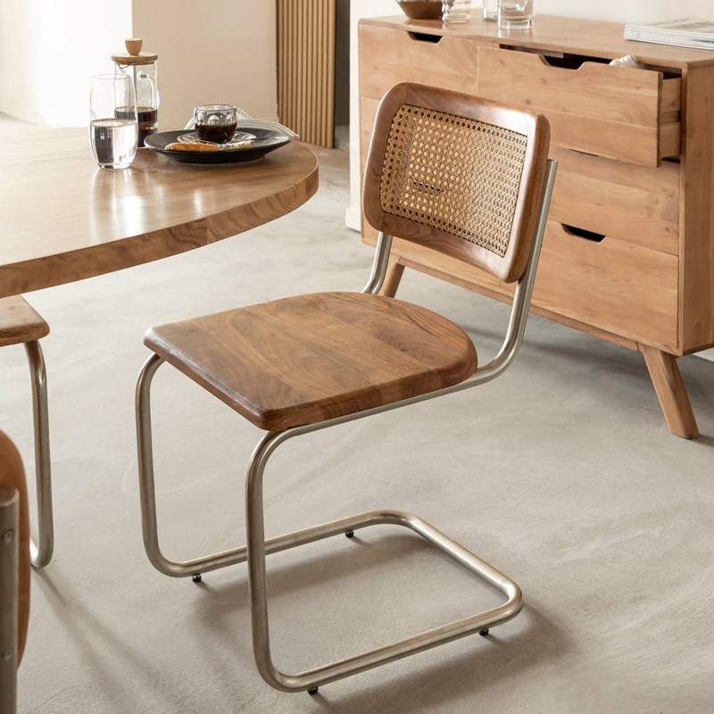 Chaise cantilever en bois d'acacia et cannage (lot de 2)