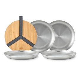 Set de 4 assiettes en acier inox-léger-couvercle en bambou