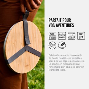 Set de 4 assiettes en acier inox-léger-couvercle en bambou