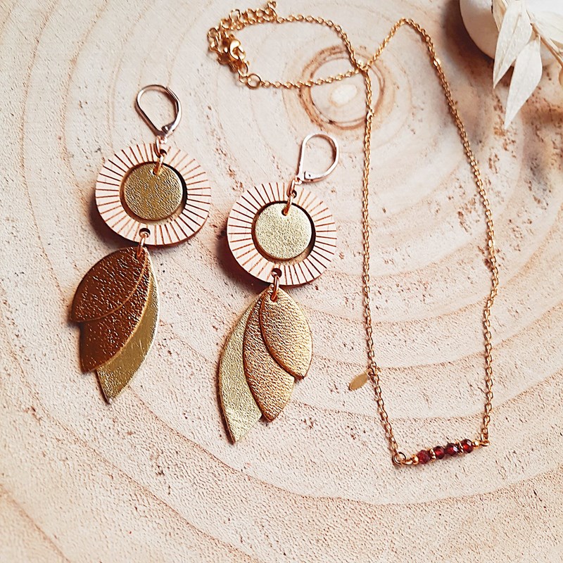 Coffret cadeau bijou féminin – boucles solaris et collier grenat