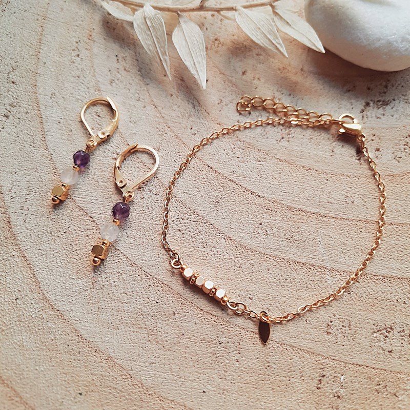 Coffret cadeau boucles talisman et bracelet cube doré mini rêve